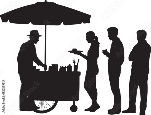 Silhouette of people at a street food vendor with an umbrella and a cart full of food and drinks created with generated ai