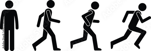 Black Silhouette Figures Showing Progression from Standing to Running Keywords: person, figure, silhouette, standing, walking