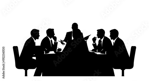 Business team meeting in modern office setting with silhouettes