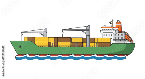 Illustration of a green cargo ship sailing on blue water waves