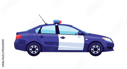 A cartoon illustration depicts a dark blue police sedan vehicle