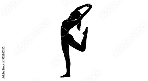 Woman in dynamic yoga pose with one leg lifted