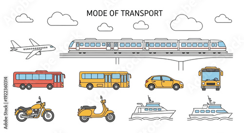 Various modes of transportation illustrated with colorful linear designs