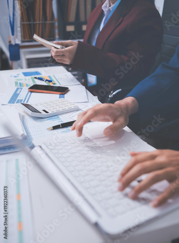 Accounting company provide finance and taxation planning for profitable cash flow, Auditor and accountant team working in office, analyze financial data and accounting record with calculator