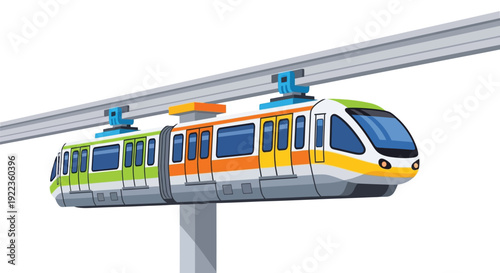 Colorful monorail train traveling on an elevated track against white background