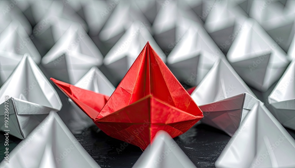 Obraz premium A single red origami boat leads a fleet of white paper boats, symbolizing individuality and leadership amidst conformity.