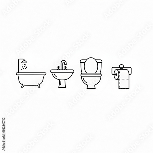 An illustration shows a bathroom setup with a bathtub shower, sink, toilet, and toilet paper roll.