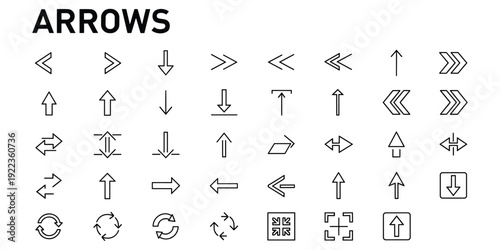 Collection of Black Outline Arrows and Symbols on White Background icons direction