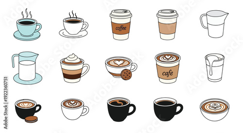 Collection of colorful coffee cups pitchers and latte art illustrations
