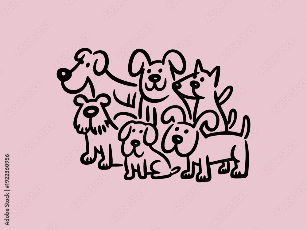 Fototapeta premium A playful group of cartoon dogs are depicted in a simple black line drawing on a pink background