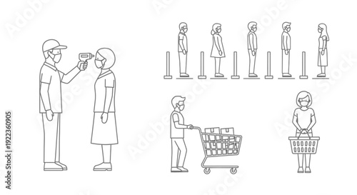 Line of people undergoing temperature checks and shopping with masks