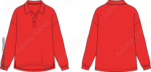 Red Long Sleeve Polo Shirt Technical Flat Sketch Vector Template Featuring Front and Back Views for Fashion Design Apparel Manufacturing Mockup and Technical Packs