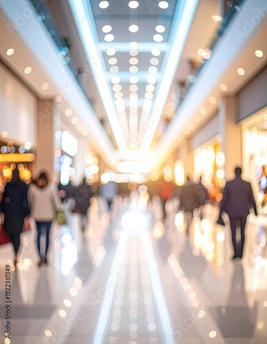 Blurred view of a brightly lit modern shopping mall interior with people walking.