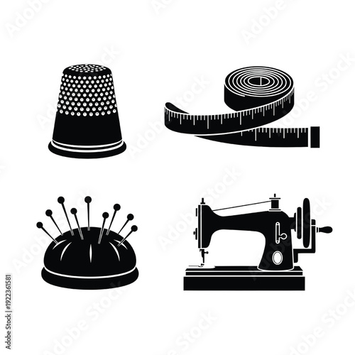 Sewing tools and equipment arranged on a table for tailoring and fashion design activities indoors.