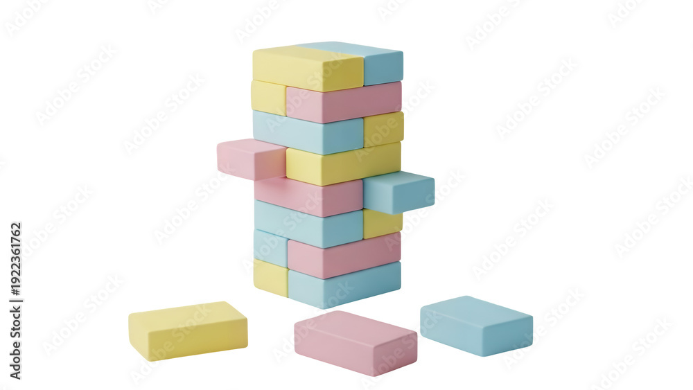 Fototapeta premium Colorful blocks stacked in a precarious tower with loose blocks around on a transparent background