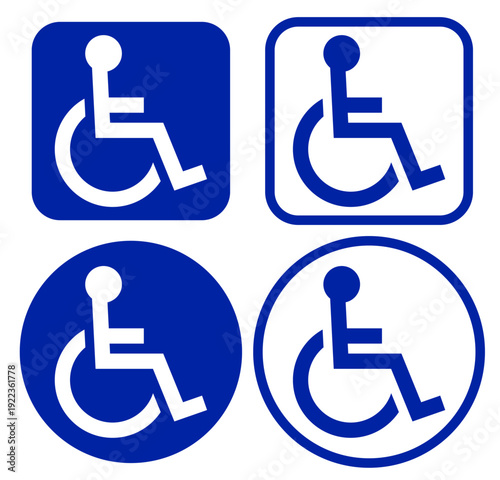 Wheelchair Accessible Sign Icon Set – Universal Design, Barrier Free Symbol, Blue Vector