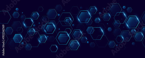 Abstract blue hexagons with glow effect for Technology or Science background. Cyber backdrop for FinTech design, medical research presentation or website page. Vector illustration.