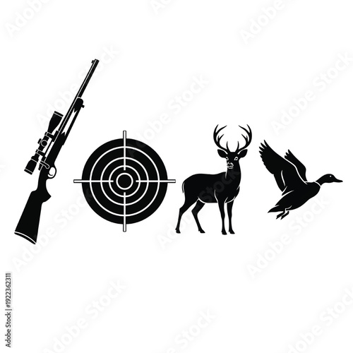 Hunting scene with rifle, target, buck deer, and flying duck in forest.