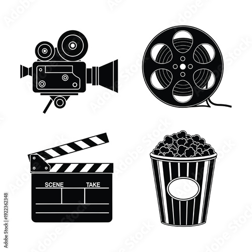 A film crew prepares for a movie scene with a camera, film reel, clapperboard, and popcorn.