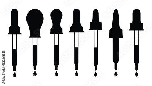 A collection of seven black dropper bottle silhouettes isolated on white background, Vector