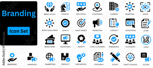 Branding solid icon set contains marketing, product, brand value, design, logo, brand development, social media, advertising and loyal customers. Solid icons set. 