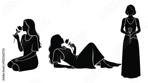 Three women in different poses in black silhouette isolated on white background, Vector