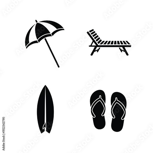 A serene beach scene featuring a beach umbrella, lounge chair, surfboard, and flip flops on the sandy shore.