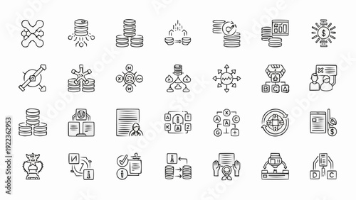 Various business and technology icons.