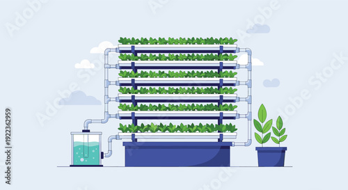 Advanced vertical hydroponic farming system cultivating fresh green plants using a nutrient-rich water solution and efficient piping.