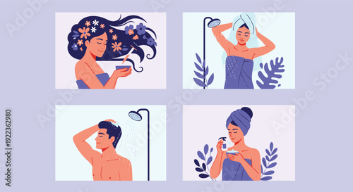 Various beauty and personal hygiene routines including hair washing, taking a shower, and applying skincare products for wellness.
