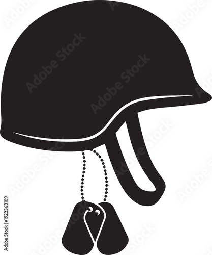 Military helmet with dog tags silhouette vector illustration line art symbol on background