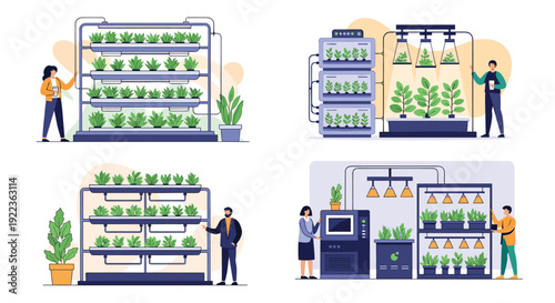 Modern indoor farming facilities showcasing various vertical gardening systems, automated plant care, and professional botanists at work.