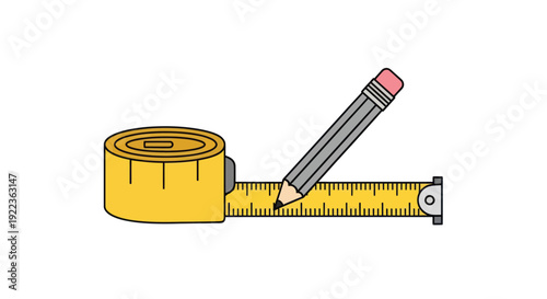 Yellow retractable measuring tape with a gray pencil resting on it illustration.