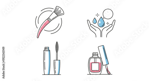 Collection of beauty and self-care icons including a makeup brush, hand washing, mascara applicator, and a bottle of nail polish.