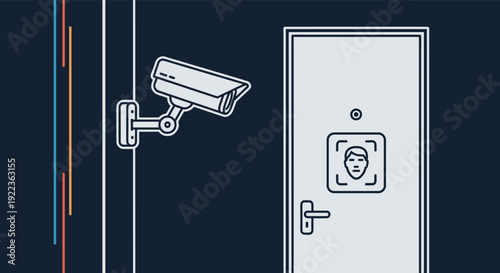 Advanced security system featuring a surveillance camera monitoring a modern door equipped with facial recognition technology.