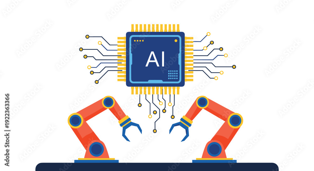 Naklejka premium Advanced artificial intelligence processor connected to robotic arms representing automation and high-tech manufacturing.