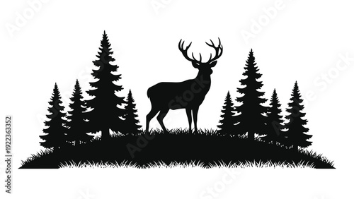 A deer stands on a hill surrounded by pine trees isolated on white background, Vector