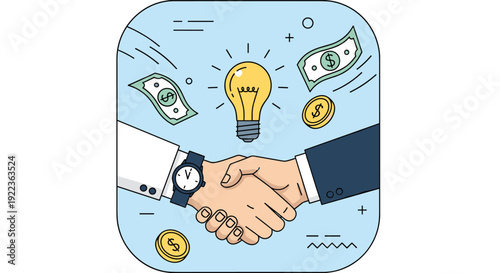 Professional handshake between two business people with a glowing light bulb and floating money symbols above.