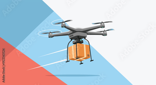 Modern delivery drone carrying a brown cardboard box package through the air against a blue and red background.