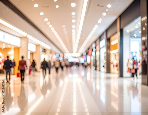 Blurred perspective shot down a brightly lit modern shopping mall corridor with indistinct figures walking.