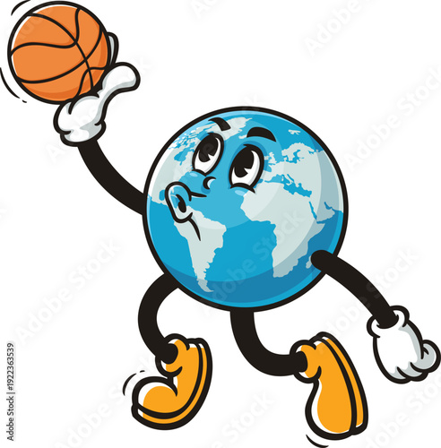Earth mascot cartoon playing slam dunk basketball