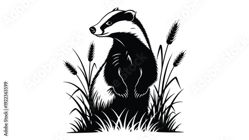 A black and white drawing of a badger standing in the grass isolated on white background, Vector