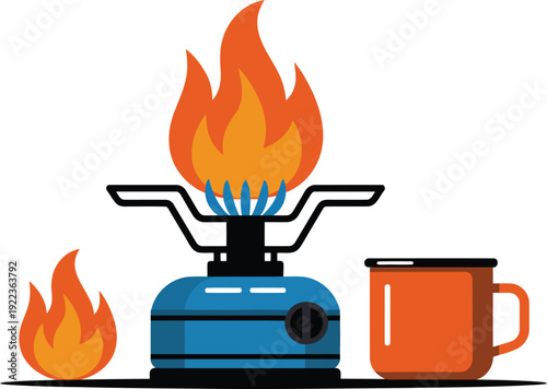 A blue portable camping stove burning with an orange flame next to an orange mug and small fire
