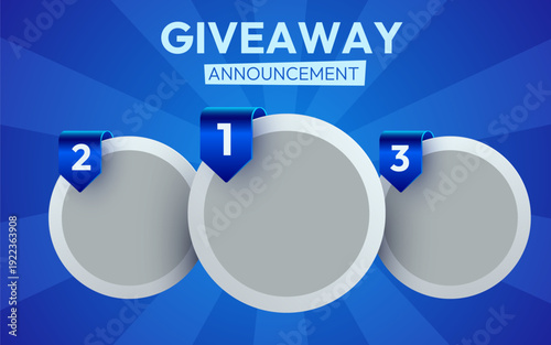 Giveaway Announcement Template with Three Prize Slots on a blue background. Ideal for online contests. Vector illustration.