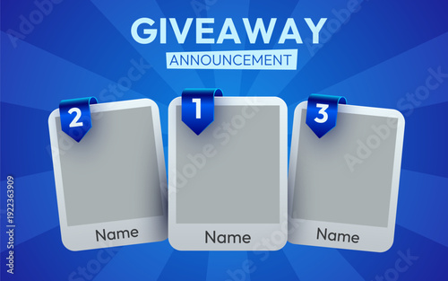 Giveaway announcement template with three numbered prize cards on a blue background. Vector illustration.