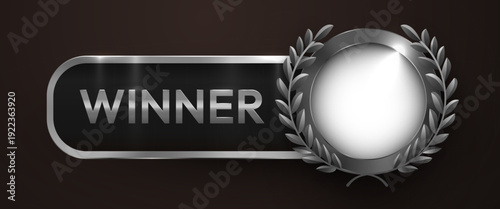 Silver Winner Badge with Laurel Wreath. An elegant award symbol in metallic design on a dark background. Vector illustration
