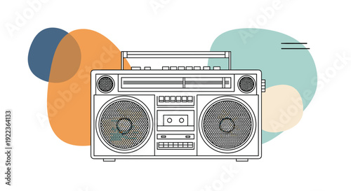 Detailed outline illustration of a classic retro boombox radio cassette player against a colorful abstract background.