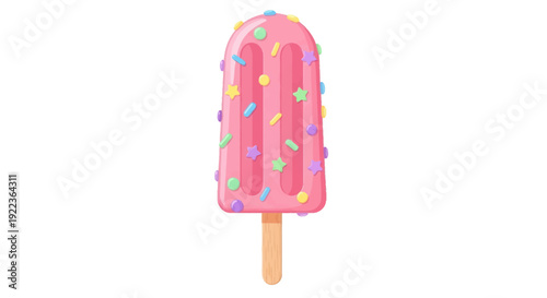 A vibrant pink strawberry popsicle ice lolly decorated with colorful heart and star shaped candy sprinkles.