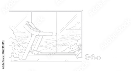 Line Drawing of Treadmill with Window View in Home Gym.