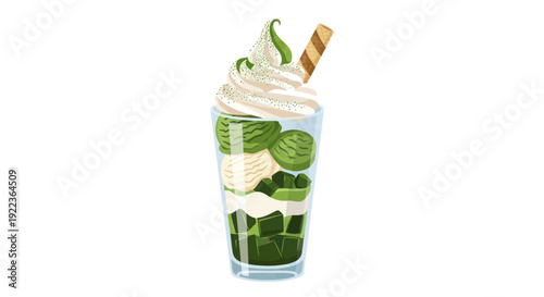 Matcha Parfait Dessert with Whipped Cream and Wafer Stick.